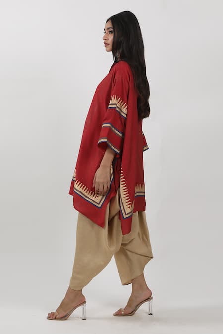 Shop Krishna Mehta Red Modal Shawl Neck Block Print Cape Tunic Online at Aza Fashions Shop_Krishna Mehta_Red Modal Shawl Neck Block Print Cape Tunic _Online_at_Aza_Fashions