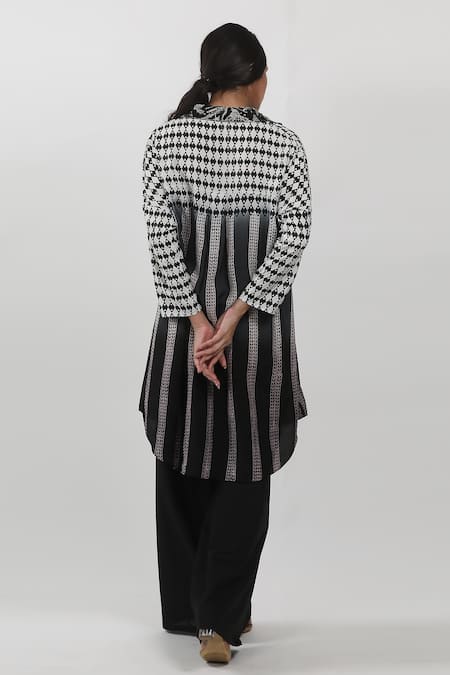 Krishna Mehta_Black Modal Beads, Cut Work Shawl Neck Block Print Embroidered Shirt Tunic _Online_at_Aza_Fashions