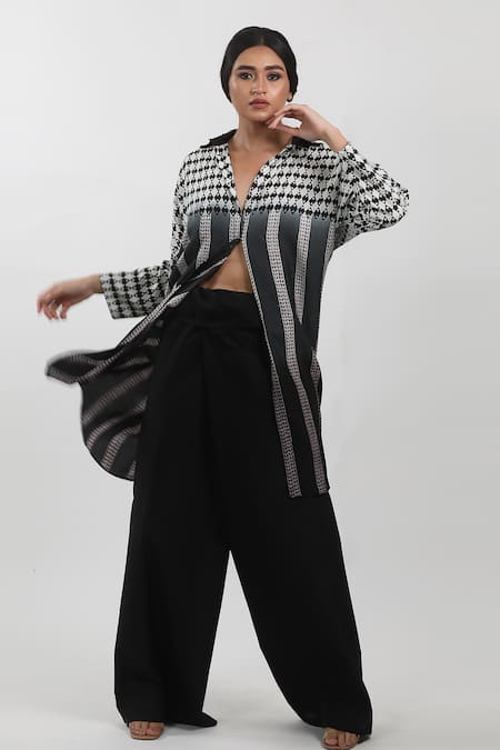 Buy_Krishna Mehta_Black Modal Beads, Cut Work Shawl Neck Block Print Embroidered Shirt Tunic _Online_at_Aza_Fashions