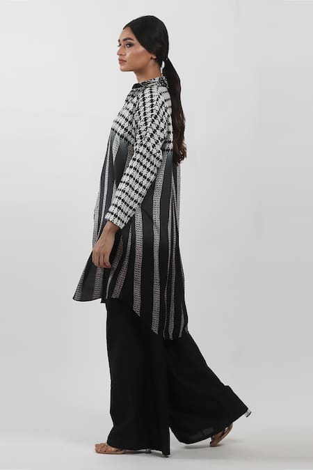 Shop_Krishna Mehta_Black Modal Beads, Cut Work Shawl Neck Block Print Embroidered Shirt Tunic _Online_at_Aza_Fashions