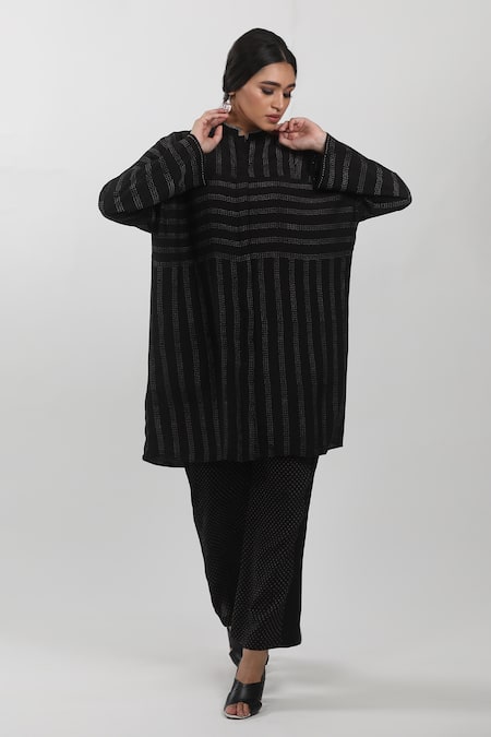 Krishna Mehta_Black Modal Printed Geometric Bell Bottom Pant_Online_at_Aza_Fashions