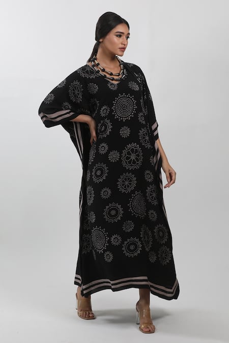 Buy_Krishna Mehta_Black Modal Embroidery V-neck Block Print Kaftan _Online_at_Aza_Fashions