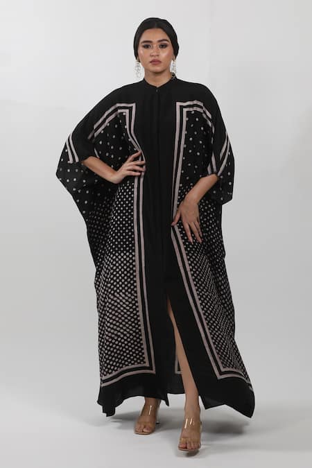 Buy_Krishna Mehta_Black Modal Embroidery Bandeau Neck Polka Dot Block Print Kaftan _Online_at_Aza_Fashions