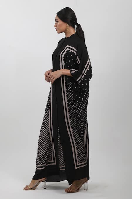 Shop_Krishna Mehta_Black Modal Embroidery Bandeau Neck Polka Dot Block Print Kaftan _Online_at_Aza_Fashions