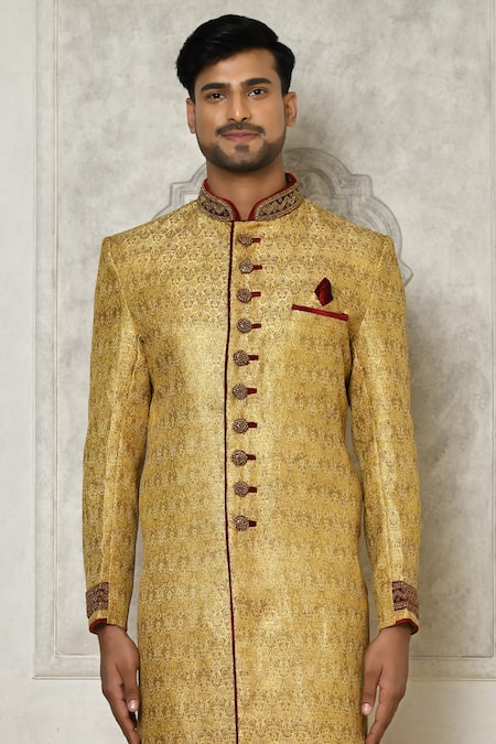 Arihant Rai Sinha_Gold Velvet, Jacquard Embroidery Floral Brocade Pattern Sherwani With Dhoti Pant _Online_at_Aza_Fashions
