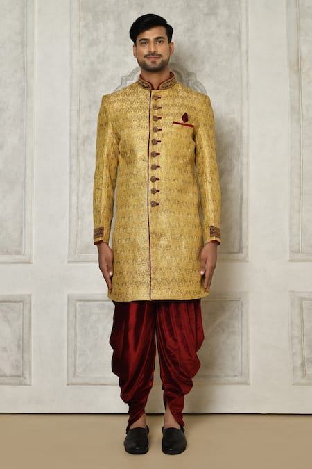 Buy_Arihant Rai Sinha_Gold Velvet, Jacquard Embroidery Floral Brocade Pattern Sherwani With Dhoti Pant _Online_at_Aza_Fashions
