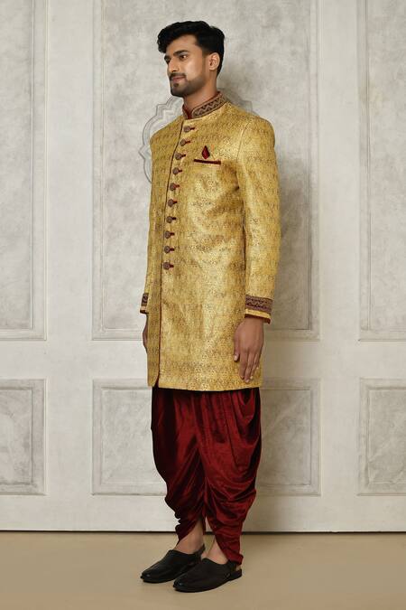 Shop_Arihant Rai Sinha_Gold Velvet, Jacquard Embroidery Floral Brocade Pattern Sherwani With Dhoti Pant _Online_at_Aza_Fashions