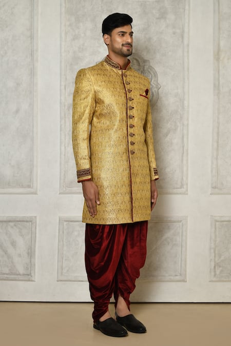 Arihant Rai Sinha_Gold Velvet, Jacquard Embroidery Floral Brocade Pattern Sherwani With Dhoti Pant _at_Aza_Fashions