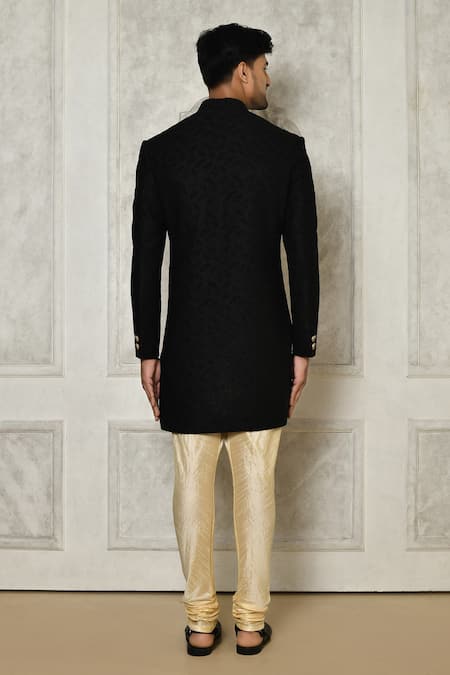 Shop_Arihant Rai Sinha_Multi Color Jacquard, Silk Brooches Tonal Leaf Pattern Sherwani With Churidar _at_Aza_Fashions