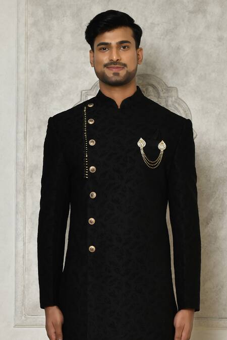 Arihant Rai Sinha Multi Color Jacquard, Silk Brooches Tonal Leaf Pattern Sherwani With Churidar Online at Aza Fashions Arihant Rai Sinha_Multi Color Jacquard, Silk Brooches Tonal Leaf Pattern Sherwani With Churidar _Online_at_Aza_Fashions