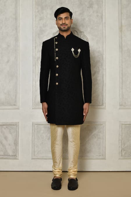 Shop_Arihant Rai Sinha_Multi Color Jacquard, Silk Brooches Tonal Leaf Pattern Sherwani With Churidar _Online_at_Aza_Fashions