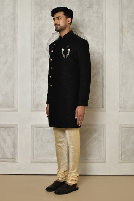 Arihant Rai Sinha_Multi Color Jacquard, Silk Brooches Tonal Leaf Pattern Sherwani With Churidar _at_Aza_Fashions