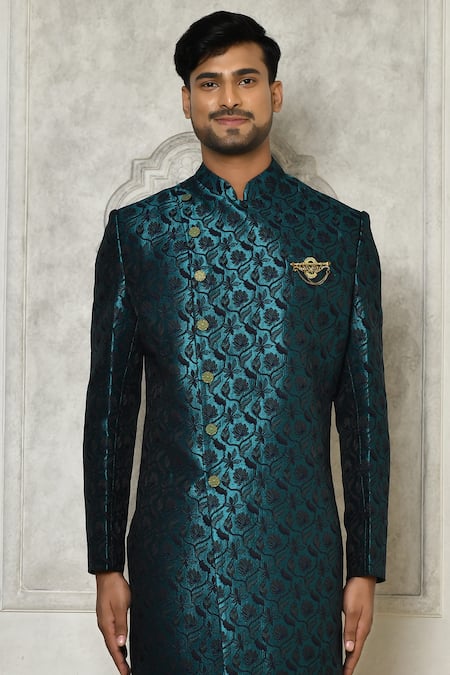 Arihant Rai Sinha Blue Jacquard, Silk Brooches Floral Vine Pattern Sherwani With Churidar Online at Aza Fashions Arihant Rai Sinha_Blue Jacquard, Silk Brooches Floral Vine Pattern Sherwani With Churidar _Online_at_Aza_Fashions