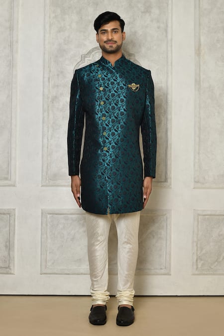 Shop_Arihant Rai Sinha_Blue Jacquard, Silk Brooches Floral Vine Pattern Sherwani With Churidar _Online_at_Aza_Fashions
