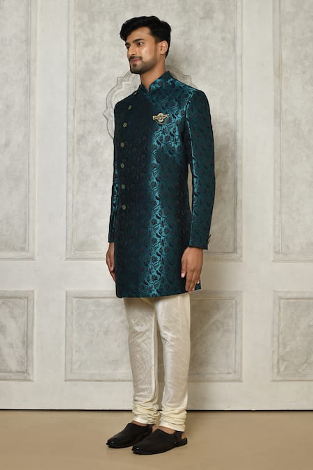 Arihant Rai Sinha_Blue Jacquard, Silk Brooches Floral Vine Pattern Sherwani With Churidar _at_Aza_Fashions