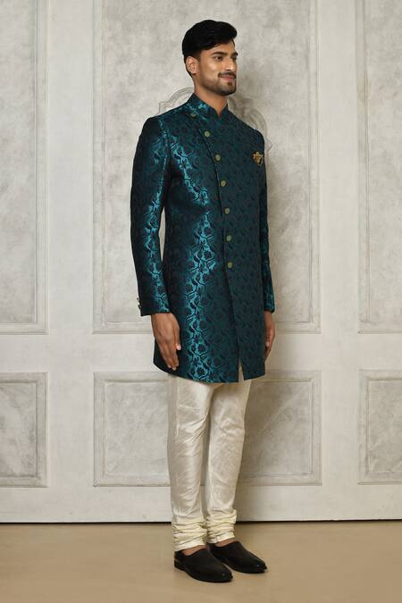 Buy_Arihant Rai Sinha_Blue Jacquard, Silk Brooches Floral Vine Pattern Sherwani With Churidar 