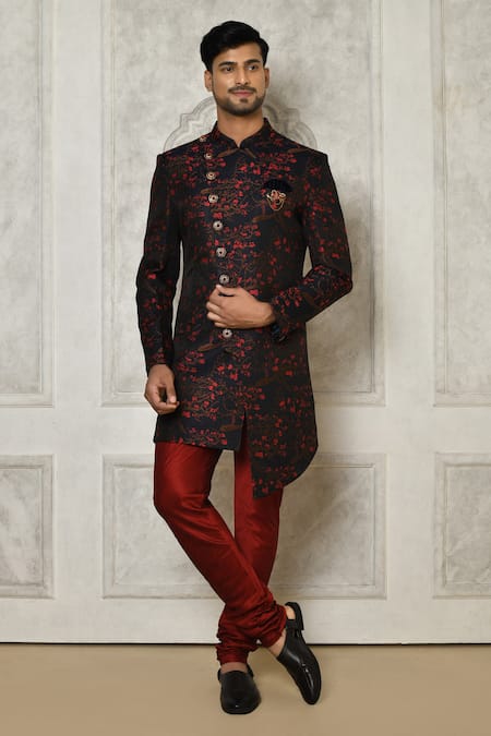 Aryavir Malhotra Multi Color Sherwani Jaquard Woven Floral Branch Pattern With Churidar 