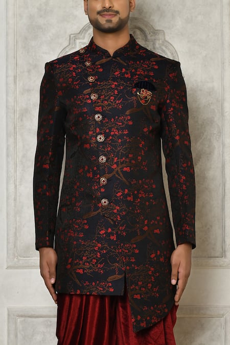 Arihant Rai Sinha Multi Color Jacquard, Velvet Floral Branch Pattern Sherwani With Dhoti Pant Online at Aza Fashions Arihant Rai Sinha_Multi Color Jacquard, Velvet Floral Branch Pattern Sherwani With Dhoti Pant _Online_at_Aza_Fashions