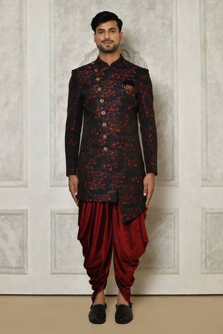 Buy_Arihant Rai Sinha_Multi Color Jacquard, Velvet Floral Branch Pattern Sherwani With Dhoti Pant _Online_at_Aza_Fashions
