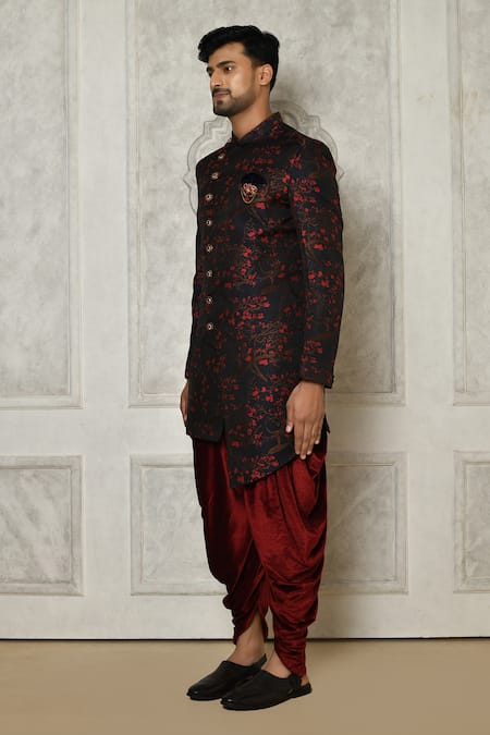Shop_Arihant Rai Sinha_Multi Color Jacquard, Velvet Floral Branch Pattern Sherwani With Dhoti Pant _Online_at_Aza_Fashions