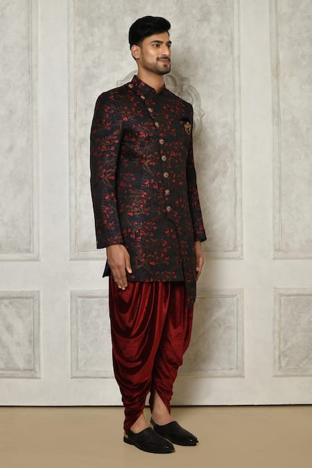 Arihant Rai Sinha_Multi Color Jacquard, Velvet Floral Branch Pattern Sherwani With Dhoti Pant _at_Aza_Fashions