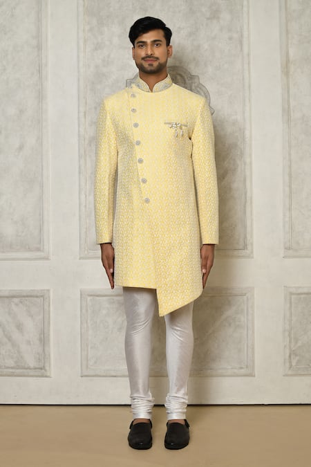 Buy_Arihant Rai Sinha_Yellow Jacquard, Silk Brooches Leaf Vine Embroidered Sherwani With Churidar _Online_at_Aza_Fashions