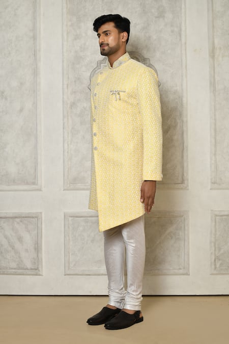 Shop_Arihant Rai Sinha_Yellow Jacquard, Silk Brooches Leaf Vine Embroidered Sherwani With Churidar _Online_at_Aza_Fashions