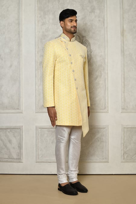 Arihant Rai Sinha_Yellow Jacquard, Silk Brooches Leaf Vine Embroidered Sherwani With Churidar _at_Aza_Fashions