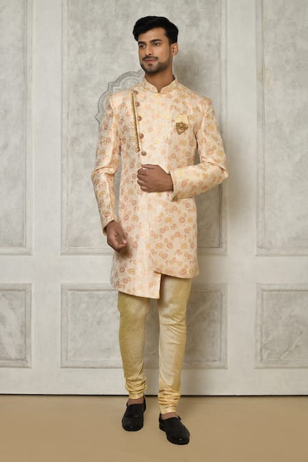 Aryavir Malhotra Multi Color Jaquared Woven Floral Blossom Asymmetric Sherwani With Churidar 