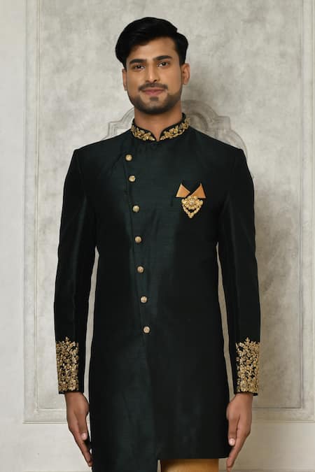 Arihant Rai Sinha Green Silk Embroidery Placed Floral Sherwani Online at Aza Fashions Arihant Rai Sinha_Green Silk Embroidery Placed Floral Sherwani _Online_at_Aza_Fashions
