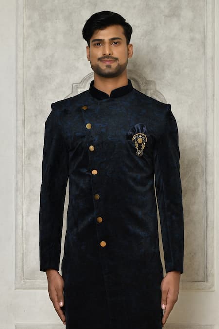 Arihant Rai Sinha_Blue Velvet Digital Print Sherwani _Online_at_Aza_Fashions