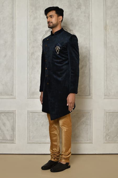 Shop_Arihant Rai Sinha_Blue Velvet Digital Print Sherwani _Online_at_Aza_Fashions