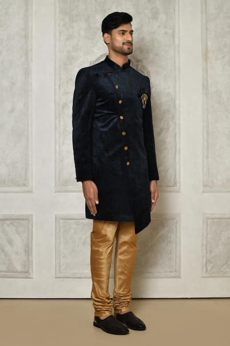 Arihant Rai Sinha_Blue Velvet Digital Print Sherwani _at_Aza_Fashions