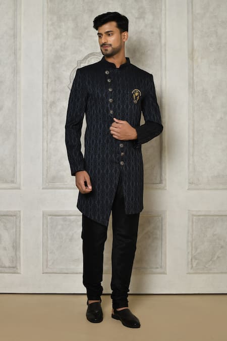 Aryavir Malhotra Blue Sherwani  Jacquard Floral Pattern And Churidar Set 