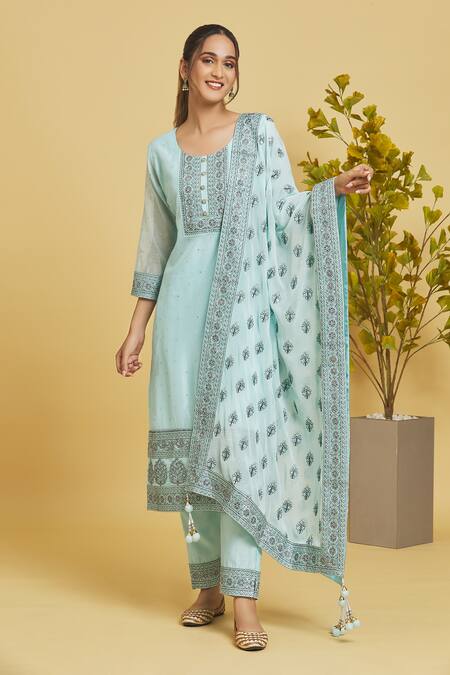 Buy_Adara Khan_Blue Dupatta Georgette, Kurta And Pant Chanderi Embroidered Straight Set_Online_at_Aza_Fashions
