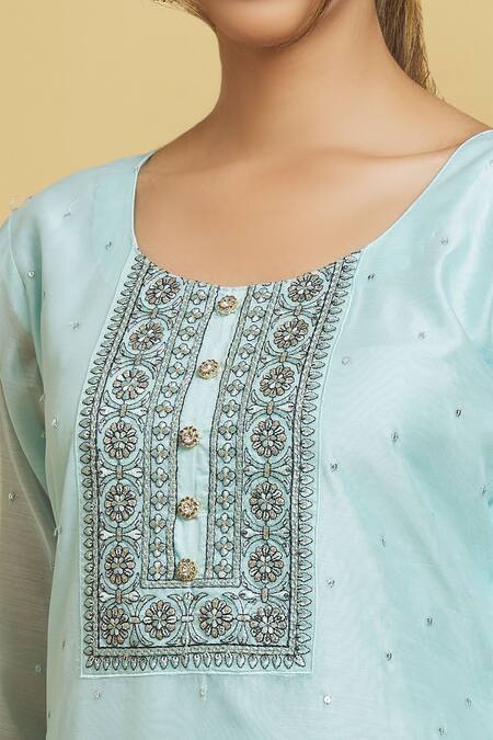 Shop_Adara Khan_Blue Dupatta Georgette, Kurta And Pant Chanderi Embroidered Straight Set_Online_at_Aza_Fashions