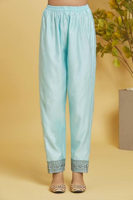 Adara Khan_Blue Dupatta Georgette, Kurta And Pant Chanderi Embroidered Straight Set_at_Aza_Fashions