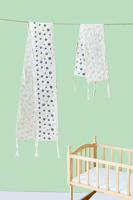 Jaipur Gate_White Muslin Printed Evil Eye Hand Baby Bed Bumper 2 Pcs Set_Online_at_Aza_Fashions