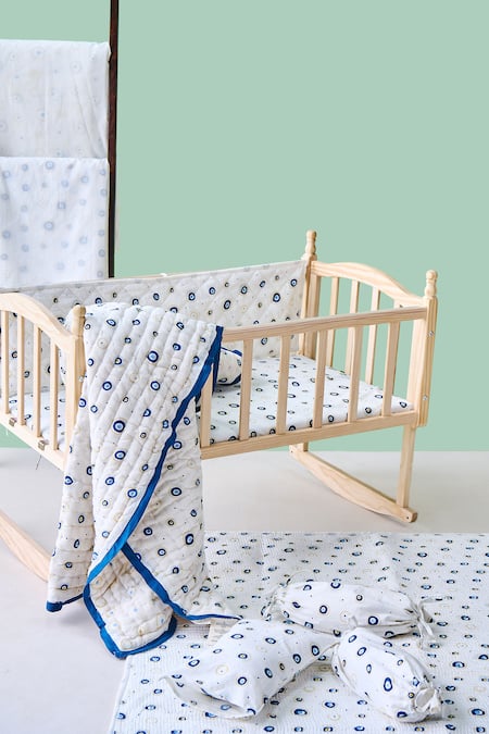 Shop_Jaipur Gate_White Muslin Printed Evil Eye Hand Baby Cot Set_at_Aza_Fashions