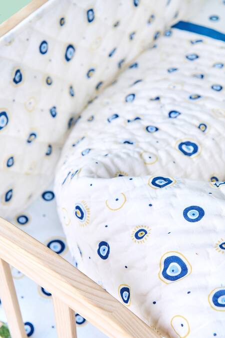 Jaipur Gate_White Muslin Printed Evil Eye Hand Baby Cot Set_Online_at_Aza_Fashions