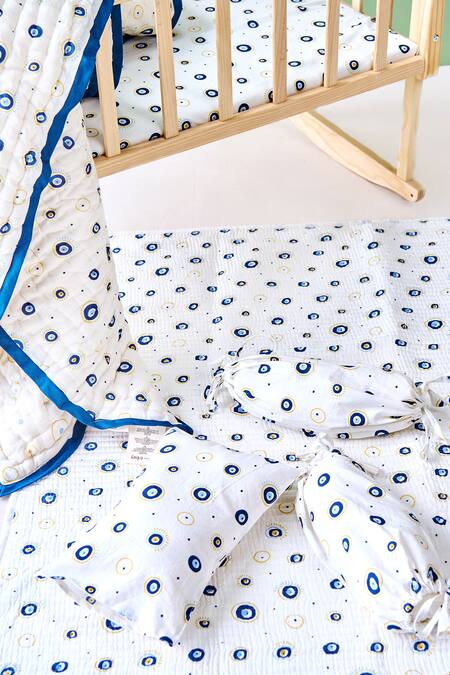 Shop_Jaipur Gate_White Muslin Printed Evil Eye Hand Baby Cot Set_Online_at_Aza_Fashions