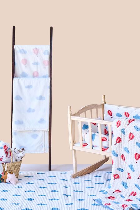 Buy_Jaipur Gate_White Muslin Printed Hot Air Balloon And Cloud Baby Cot Set_Online_at_Aza_Fashions