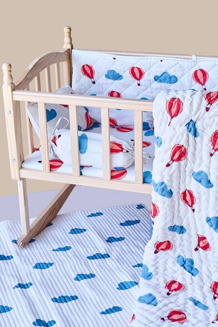 Shop_Jaipur Gate_White Muslin Printed Hot Air Balloon And Cloud Baby Cot Set_Online_at_Aza_Fashions