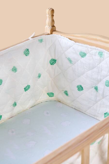 Jaipur Gate_White Muslin Printed Flamingo And Leaves Baby Bed Bumper 2 Pcs Set_Online_at_Aza_Fashions