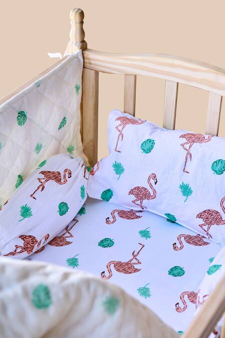 Shop Jaipur Gate White Muslin Printed Flamingo And Leaves Baby Cot Set at Aza Fashions Shop_Jaipur Gate_White Muslin Printed Flamingo And Leaves Baby Cot Set_at_Aza_Fashions