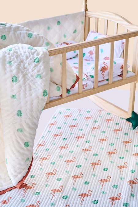 Jaipur Gate White Muslin Printed Flamingo And Leaves Baby Cot Set Online at Aza Fashions Jaipur Gate_White Muslin Printed Flamingo And Leaves Baby Cot Set_Online_at_Aza_Fashions