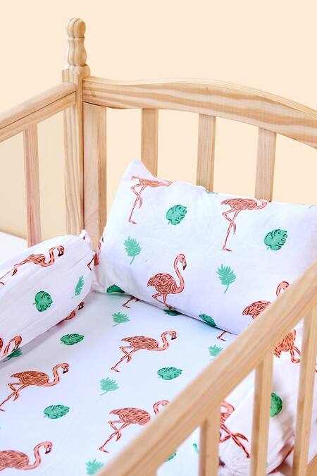 Buy Jaipur Gate White Muslin Printed Flamingo And Leaves Baby Cot Set Online at Aza Fashions Buy_Jaipur Gate_White Muslin Printed Flamingo And Leaves Baby Cot Set_Online_at_Aza_Fashions