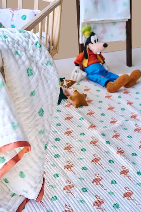 Shop Jaipur Gate White Muslin Printed Flamingo And Leaves Baby Cot Set Online at Aza Fashions Shop_Jaipur Gate_White Muslin Printed Flamingo And Leaves Baby Cot Set_Online_at_Aza_Fashions