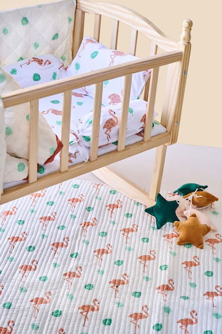 Jaipur Gate White Muslin Printed Flamingo And Leaves Baby Cot Set at Aza Fashions Jaipur Gate_White Muslin Printed Flamingo And Leaves Baby Cot Set_at_Aza_Fashions