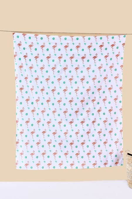 Shop Jaipur Gate White Muslin Printed Flamingo And Leaves Baby Playmat at Aza Fashions Shop_Jaipur Gate_White Muslin Printed Flamingo And Leaves Baby Playmat_at_Aza_Fashions